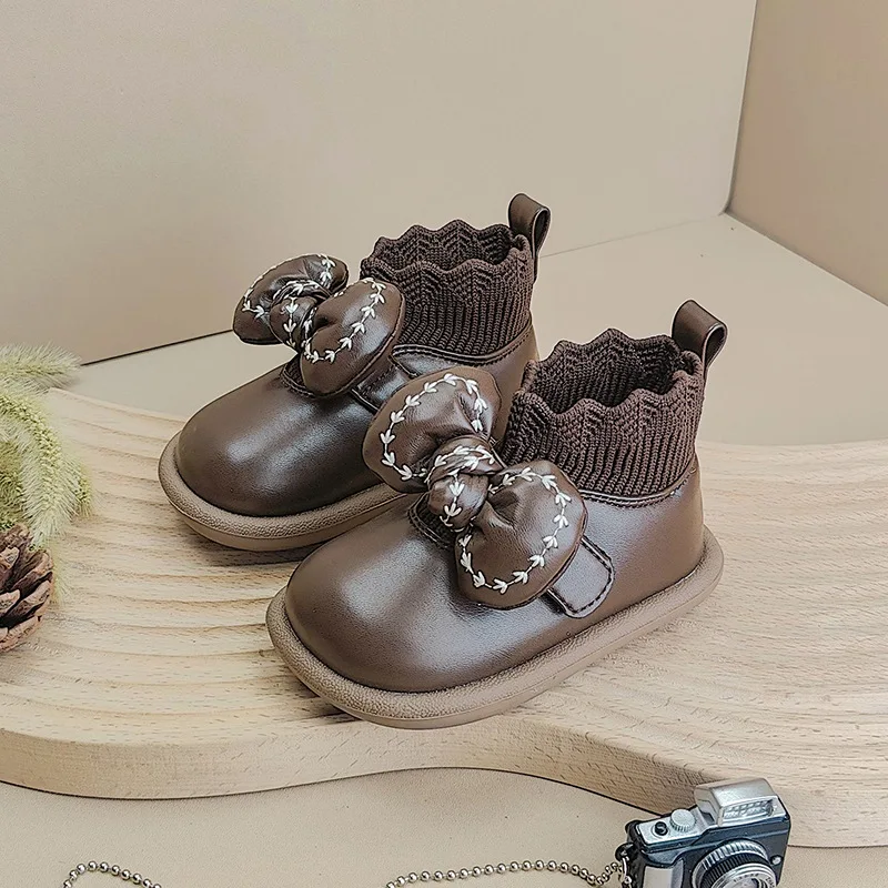 High Quality Little Girls Ankle Boots For Autumn,Solid Knitting Fashion Microfiber Leather Shoes Boots With Big Bowtie-knot