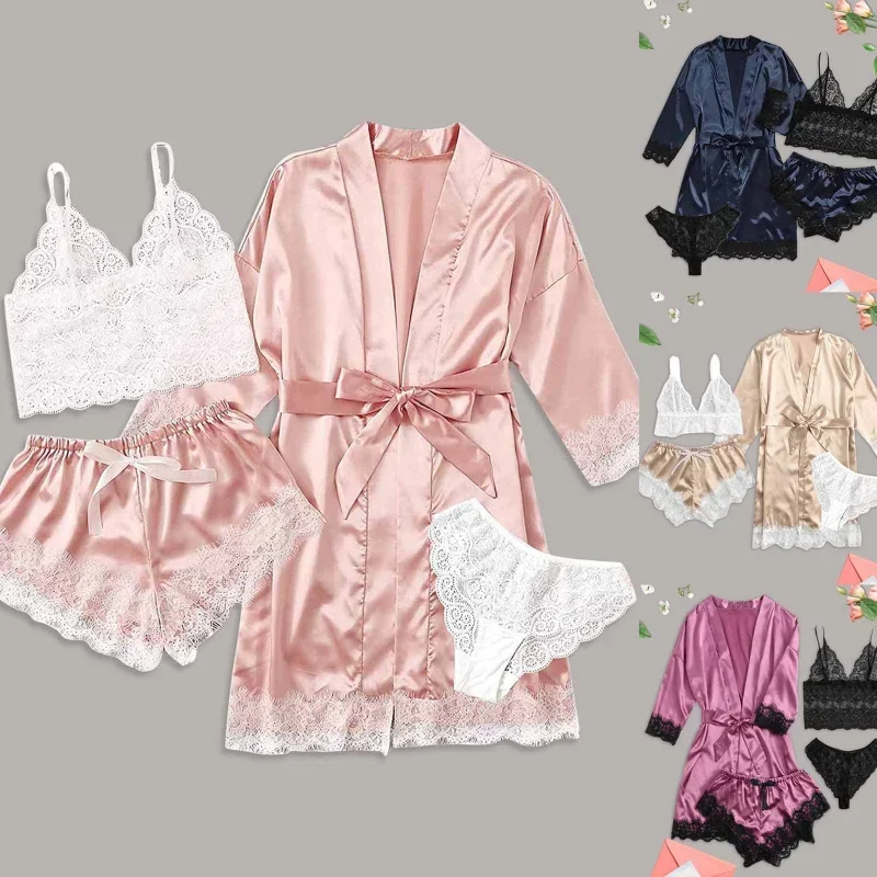 Women Silk Lace Robe Dress Babydoll Nightdress Sleepwear Kimono 4 Pcs Pajiamas Set Women Fashion Sexy Lingerie