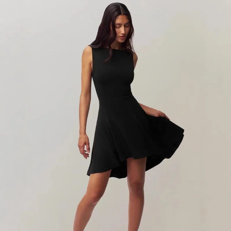 

Women Casual O Neck Sleeveless Ruffles Mini Dress Boho Solid Beach Sundress Oversized Loose Dress Y2k Summer Big Swing Robe 원피스