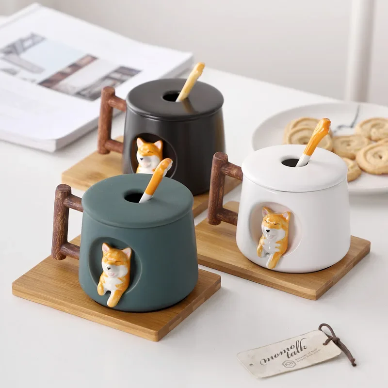 New Cartoon Ceramic Personality Cute Mug with Lid Spoon Household Cartoon Couple Coffee Cup Shiba Inu Dog Cup Gift Drink