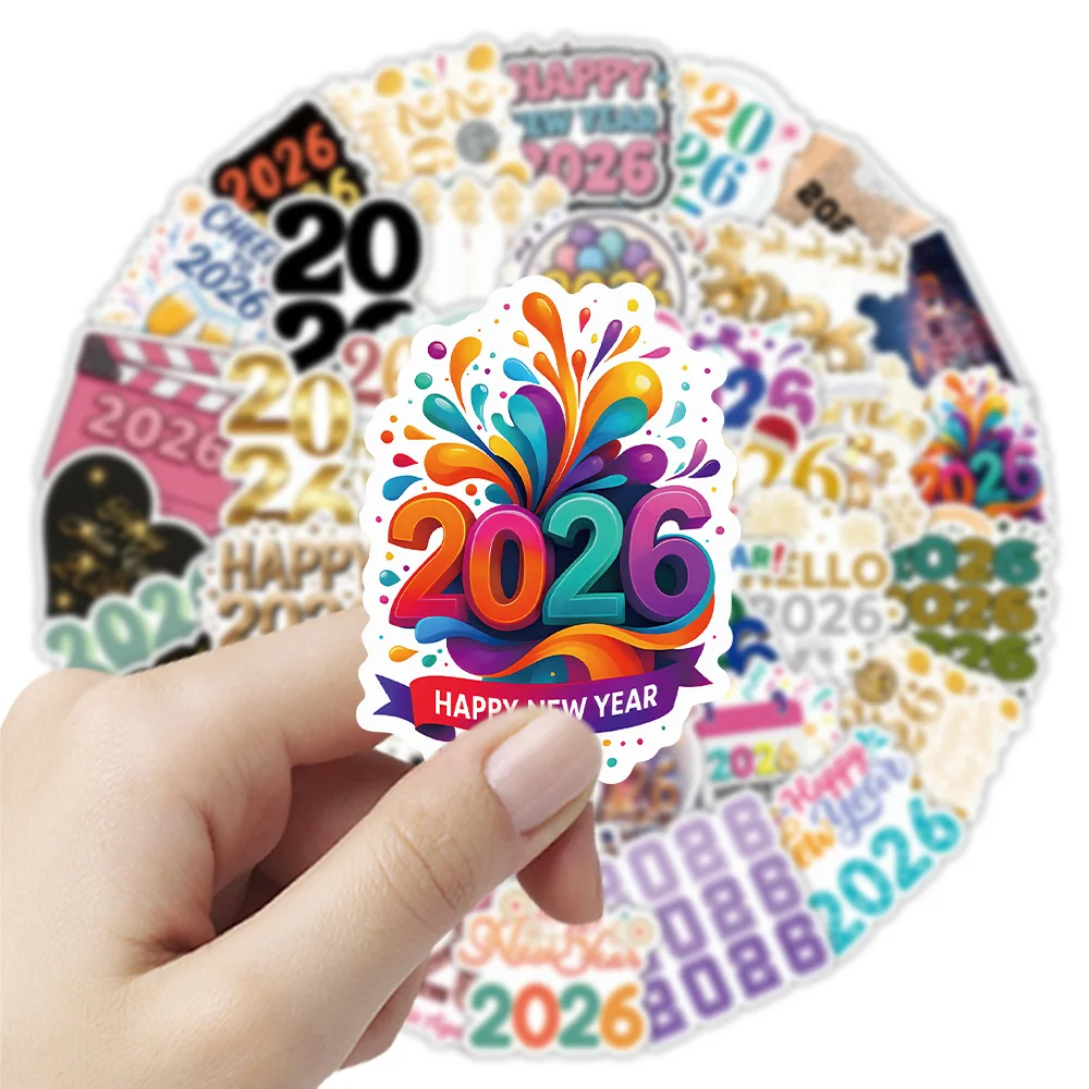 

54PCS 2026 Stickers Happy New Year Numbers English Letters Cartoon Graffiti Stickers Creative DIY Water Cup Scrapbook Luggage