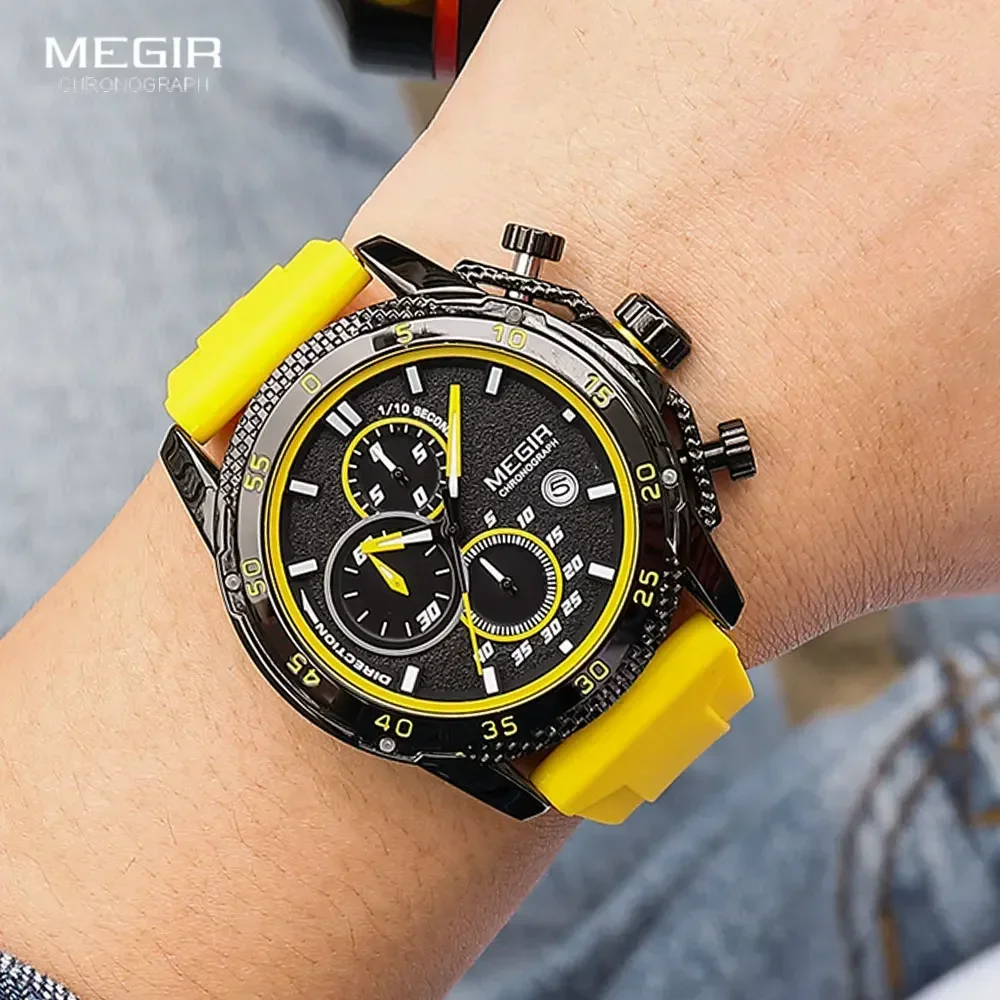 Megir relógio masculino fashion pulseira de silicone cronógrafo relógios de pulso de quartzo com data automática ponteiros luminosos 3atm à prova d'água 2211