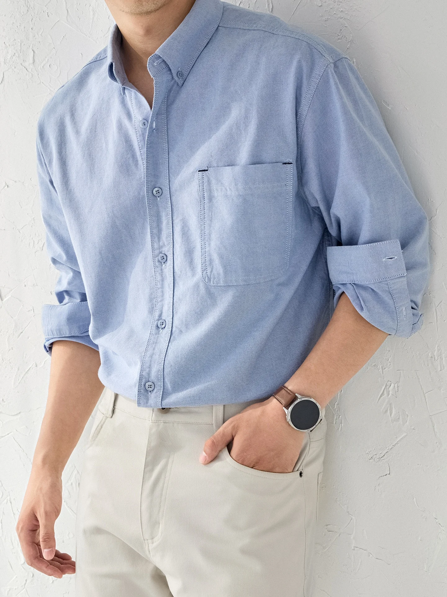 Oxford Cotton Casual Shirt Business - Camisa de Manga Larga de Tela