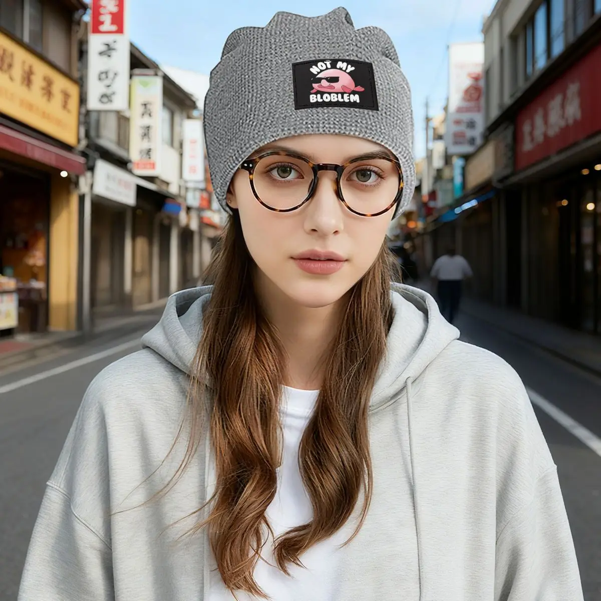 Blobfish Not My Bloblem Not My Problem Waffle Knit Fleece Lined Beanie with PU Leather Patch Unisex Warm Winter Soft Cap