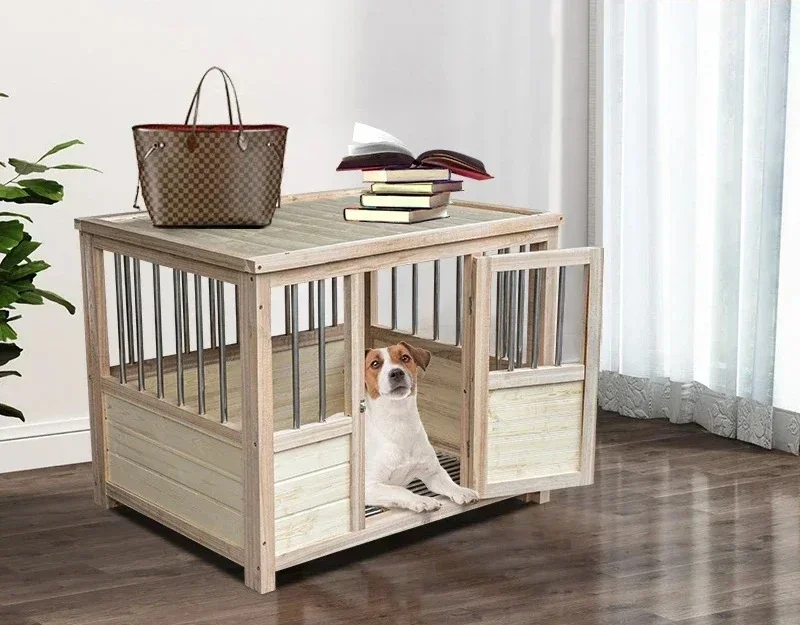 A  Four season universal solid wood dog cage indoor stainless steel with bathroom large, medium, and small