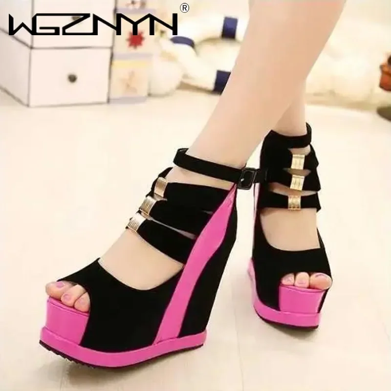 New Flock Ankle Boots Women Sandals Sexy Hollow High Slope with Fish Mouth Single Shoes Thick Bottom Wedges Zapatillas De Mujer