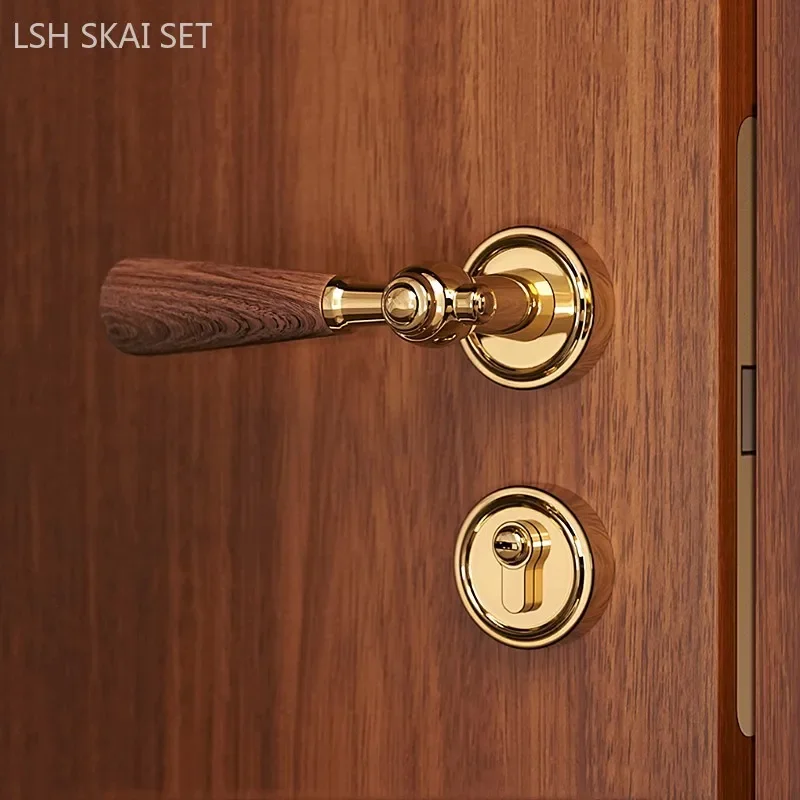 Walnut Handle Bedroom Door Lock High Quality Silent Security Door Locks with Key Hardware Lock Household Door Accessories