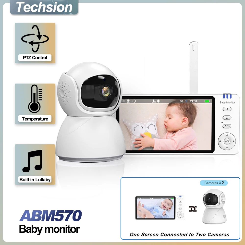 

ABM570 Baby Monitor 5.0 Inch Screen Crying Reminder 3500mAh Battery Nanny PTZ Cam 2-way Audio VOX Lullaby Newborn Nanny Camera