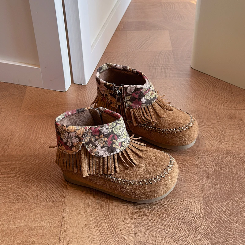Kids Girls Boho Floral Fringe Winter Boots, Faux‑Suede Fleece‑Lined Side Zipper Soft Sole Boots