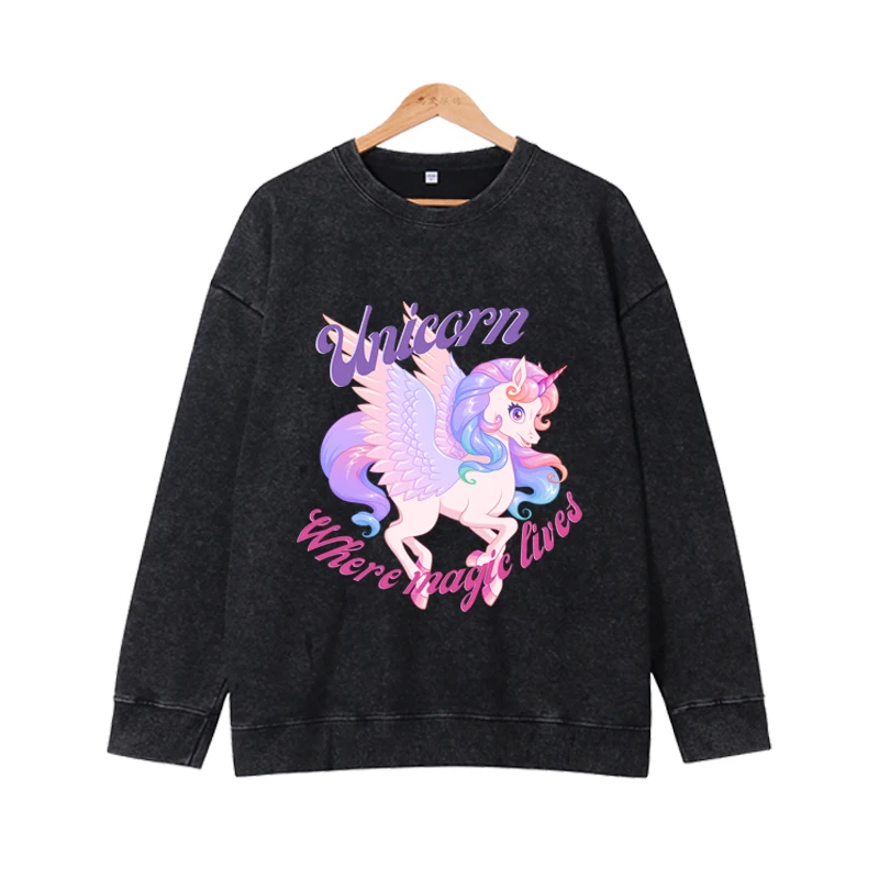 Women\'s round neck sweatshirt paired with purple unicorn print casual pure cotton loose women\'s long sleeved top