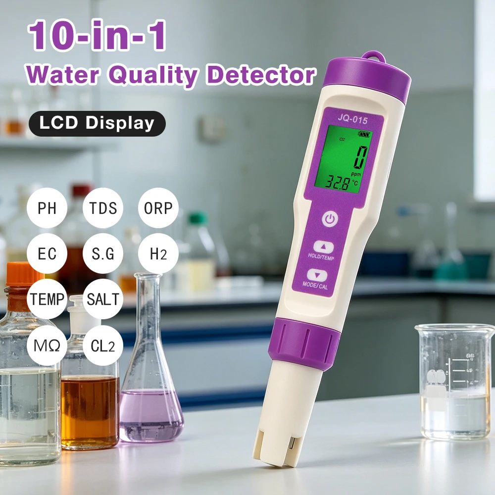 10 In 1 Chlorine Meter PH TDS ORP EC S.G H2 Temp Salt MΩ CL2 Detector Digital Water Quality Tester for Swimming Pool SPA Water