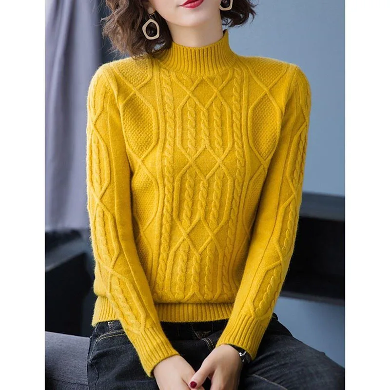 

Female Loose Fitting Pullover Sweater Jacket Ladies Half High Collar Knitwear Coat Autumn Winter Women Solid Color Knitting Tops