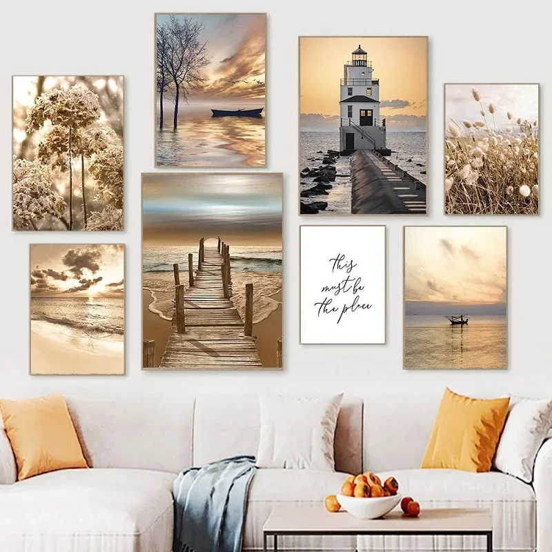 1pc frameless Canvas Painting Nordic Aesthetic Wall Art Seascape Architecture Reedgrass Tree Joe Boat Oil On Canvas Posters And