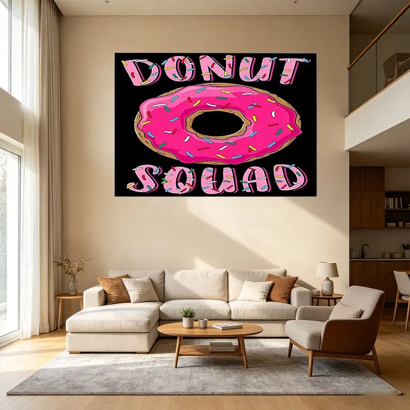 Funny Donut Squad Typography Wall Art Tapestry Black Background Kitchen Decor Gift for Friends Family