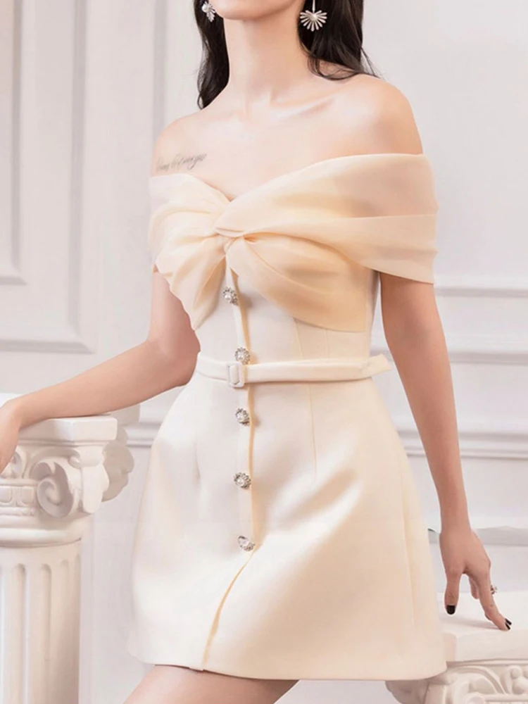 DEAT Elegant Dress Bowknot Single-breasted Gauze Strapless Belt Women\'s Evening Party Dresses 2024 Summer New Fashion 35Z459