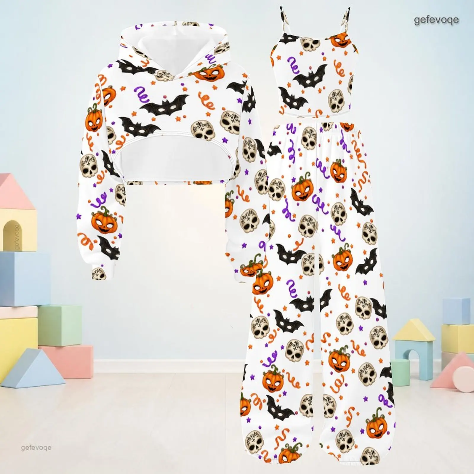 Autumn Graphic Print Girls 3 Piece Outfit Girls Hooded Whimsical Children Clothing Party Wear