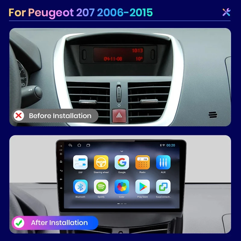 For PEUGEOT 207 207CC 2006 2007 2008 2009 2010-2015 Wireless CarPlay Android Auto Car Radio GPS RDS WiFi BT 4G Multimedia Stereo