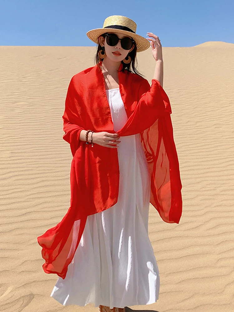 Summer Elegant Solid Thin Women Silk Scarf Beach Wrap Shawls Red Lady Musulman Femme Hijab Bandana Mujer Vacation Scarve Pareo