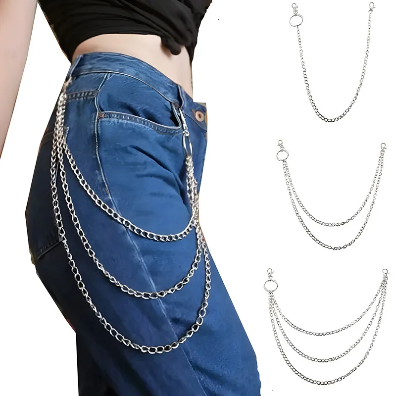 

1/2/3 Layers Long Metal Belts Chain Rock Punk Hook Trousers Pant Waist Link Metal Wallet Chain Keychain Ring Clip Keyring HipHop