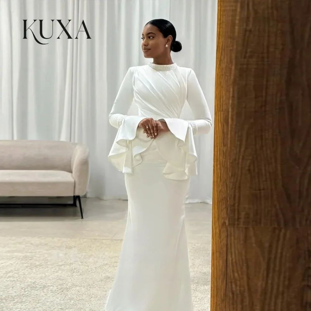 KUXA Arabic Wedding Dresses High Neck Customized Beaded Bridal Gowns Mermaid Full Sleeves Muslim Bride Party Dresses 2026