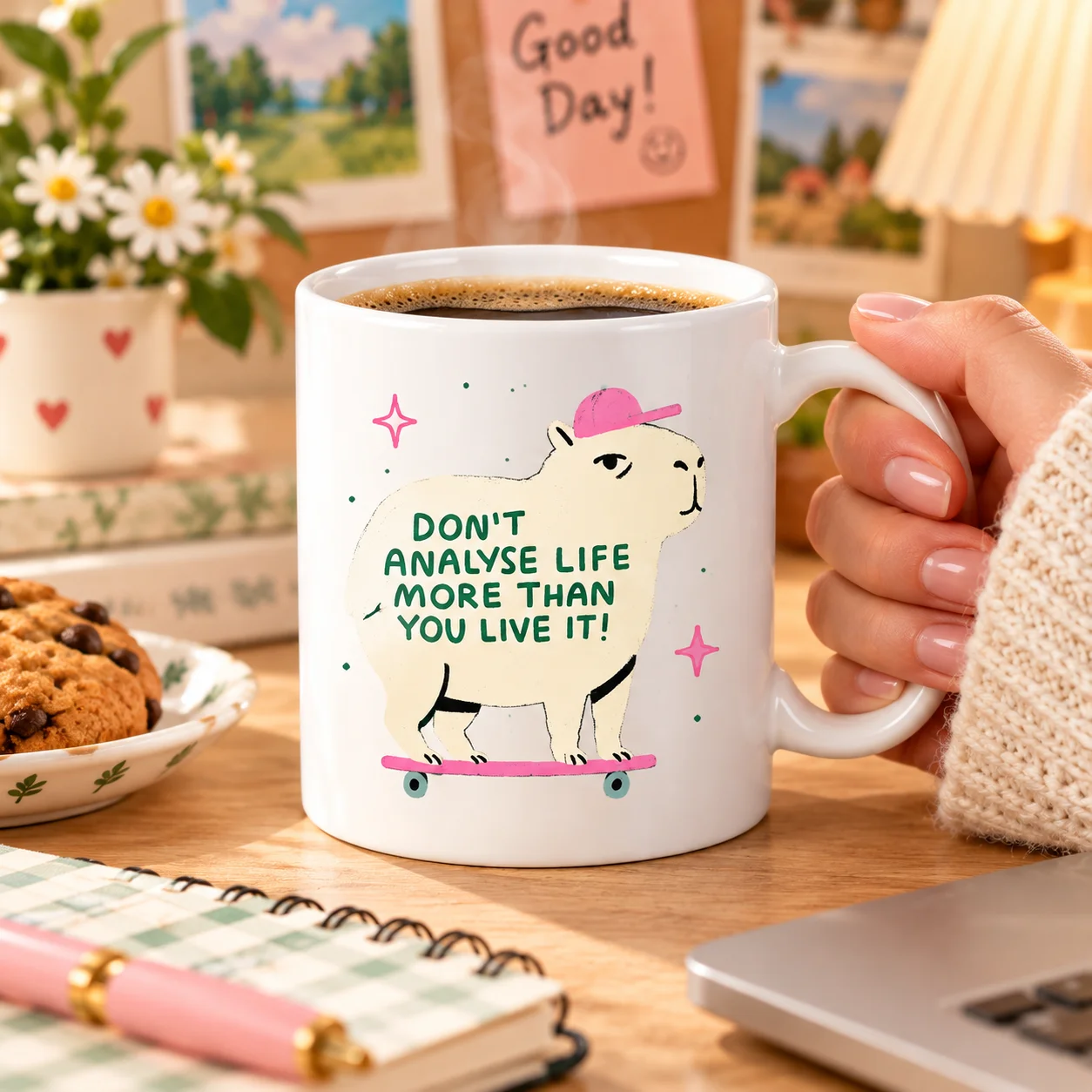 1pc Funny Animal Sublimation Ceramic Drinking Mug, Skateboarding Capybara Inspirational Text Print Ceramic Cup, Special Gift