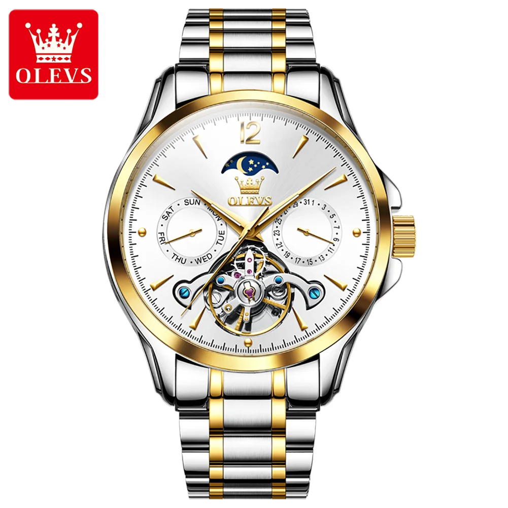 Imagem -06 - Olevs-relógio Impermeável Moon Phase para Homens Relógios de Pulso Mecânicos Automáticos Esqueleto de Luxo Relógios Tourbillon Moonsver Masculino