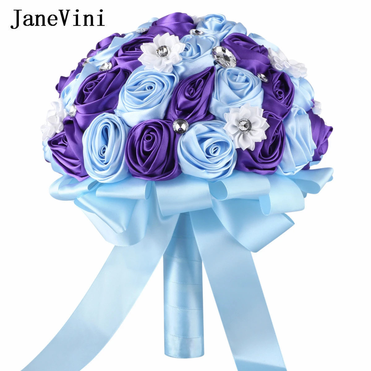 JaneVini Light Blue and Purple Satin Roses Bride Wedding Flowers Bridal Bouquets Vintage Crystal Custom Bridesmiad Hand Bouquet