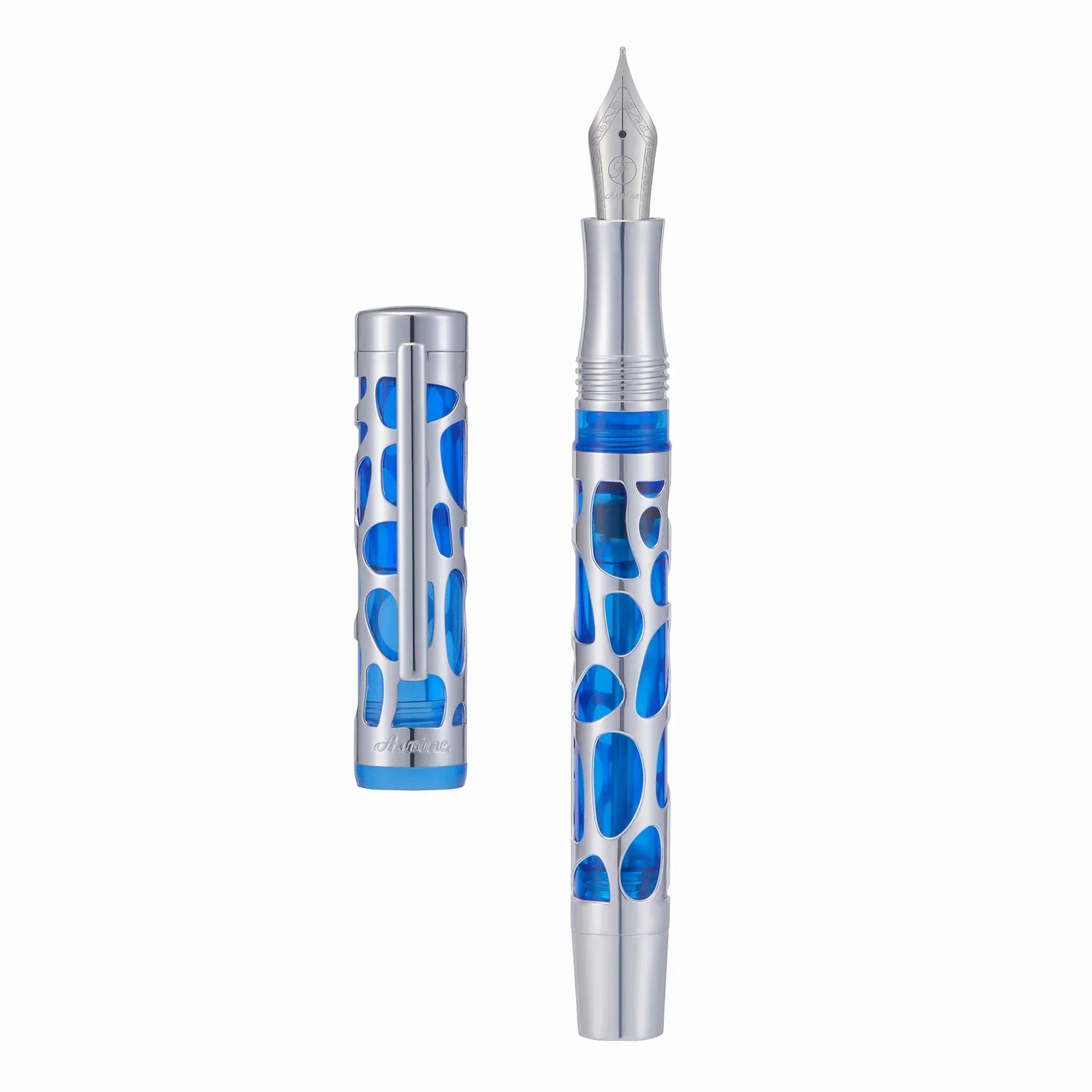 Asvine V169 Vacuum Filling Fountain Pen Blue-Silver Transparent Acrylic Hollow Carved EF/F/M Writing Pen Gift