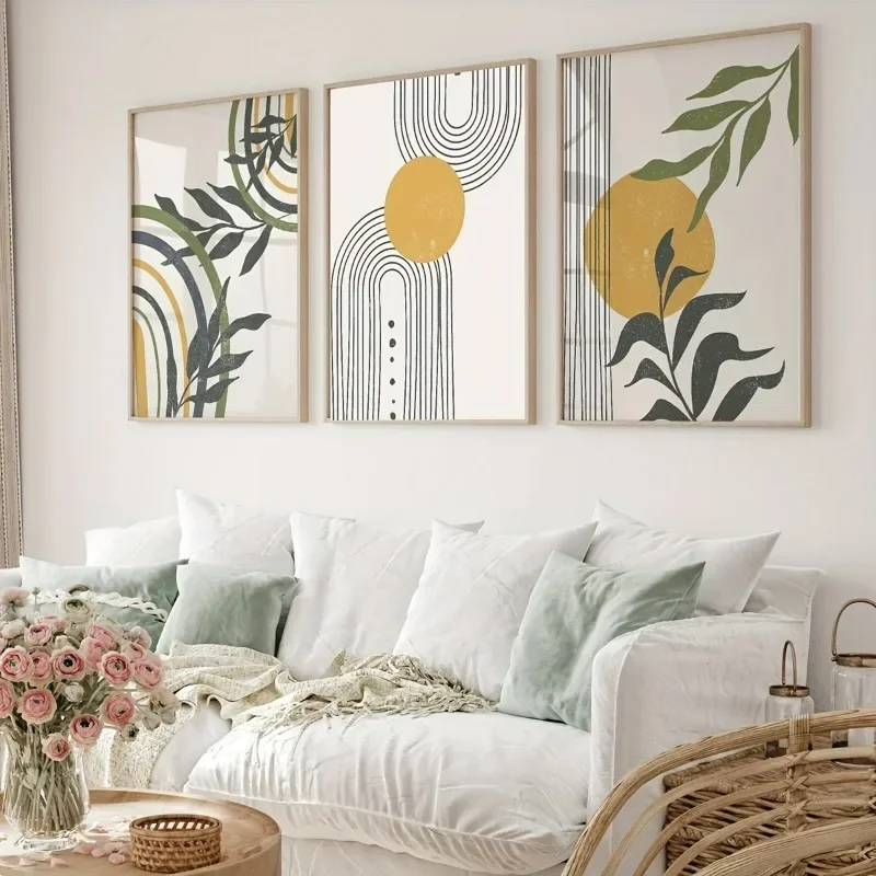 3pcs Medieval Wall Art Abstract Bohemia and Sun Canvas Painting Modern Line Art Poster Gallery Wall Art Home Decor