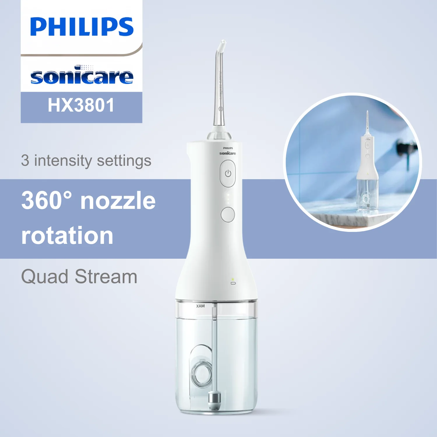 Philips Sonicare 2000 Series Tooth Flosser HX3801, High Volume, 3 Strengths