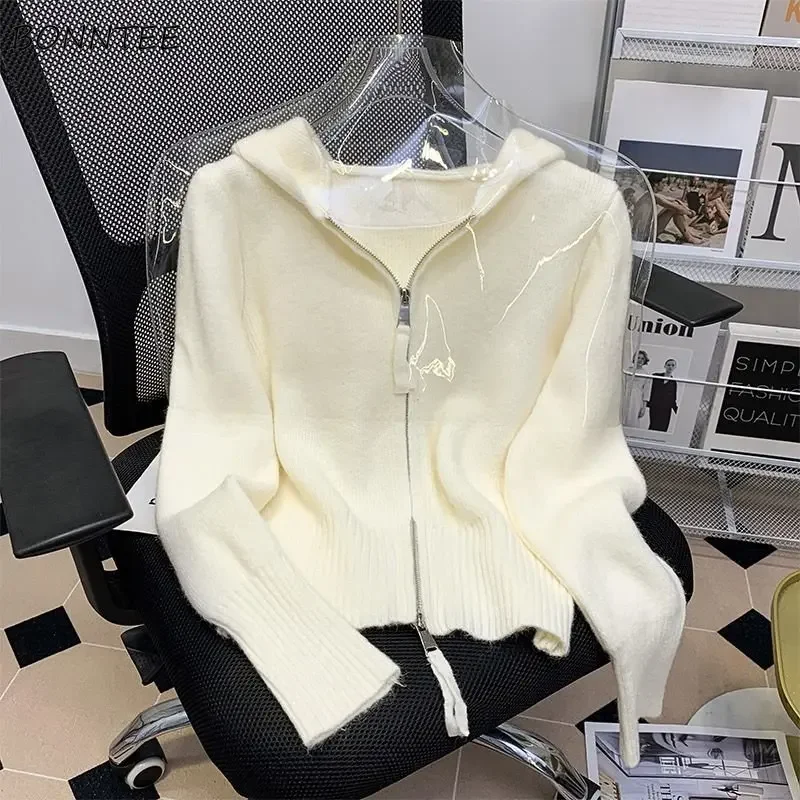 

Zip Up Cardigan Women Y2k Hooded Knitwear Spring Pure Minimalist Korean Fashion Clothing Teens Кардиган Женский Gentle Vintage