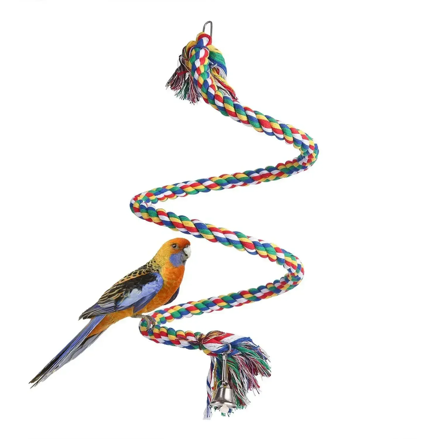 Bird Toy Spiral Cotton Rope Chewing Bar Parrot Swing Climbing Standing Toys with Bell Bird Supplies Parrots Climbing Toys