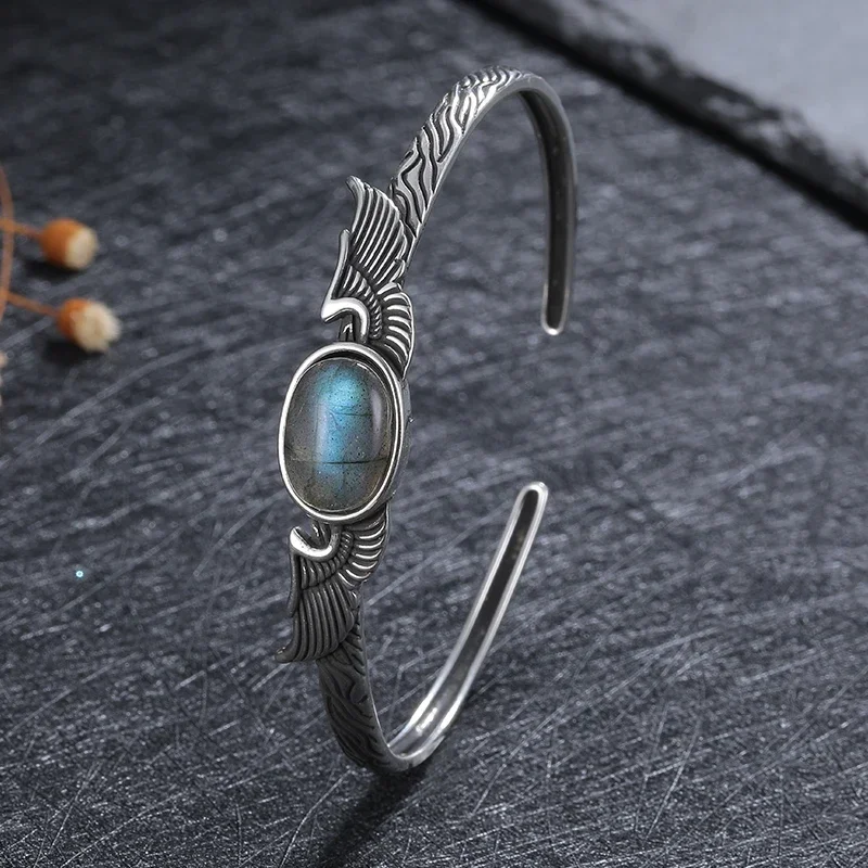 

Silver Bracelet Vintage Natural Labradorite Amethyst Adjustable Bangle for Women Fine Jewelry Valentine Day Gift