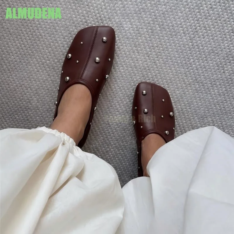 Women Metal Stud Decor Flat Slip On Flats Soft Smooth Leather Square Toe Pull Tab Rear Low Flat Sole Punk Minimal Daily Footwear