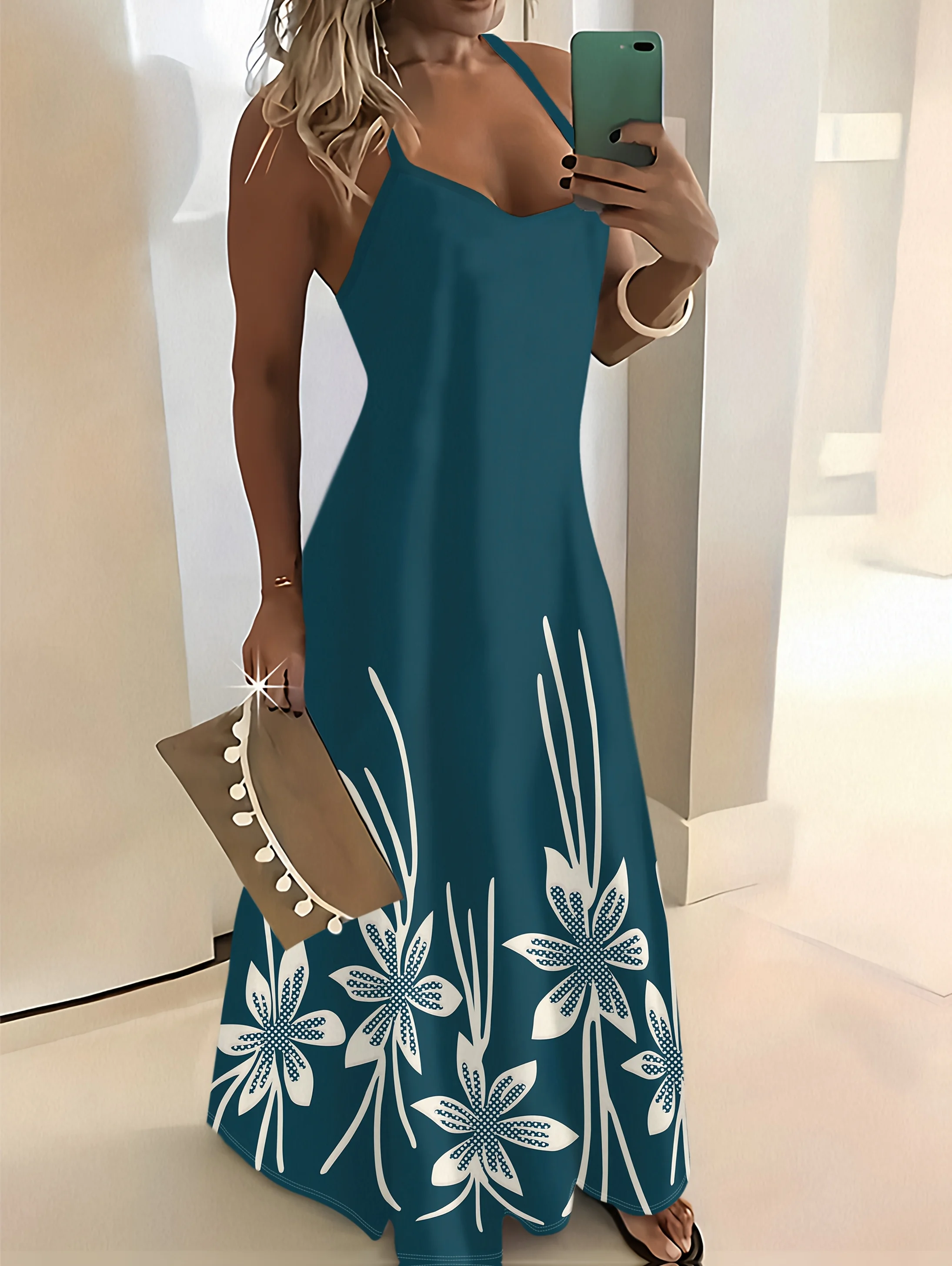 

Летнее женское платье с длинным рукавом, однотонное зеленое миди-платье с круглым вырезом и цветочным принтом (белые цветы), повседневное офисное платье