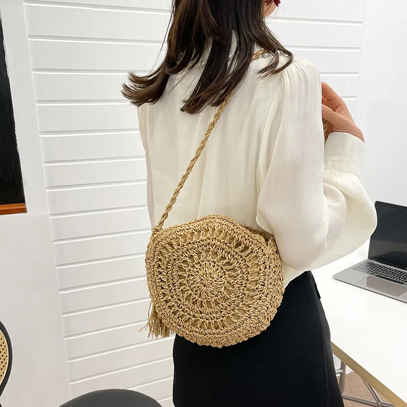 Rattan gewebte Frauen Stroh Umhängetasche kleine Clutch Geldbörse und Handtasche Sommer Strand tasche Frau Quaste Schulter Umhängetasche – Detail 8
