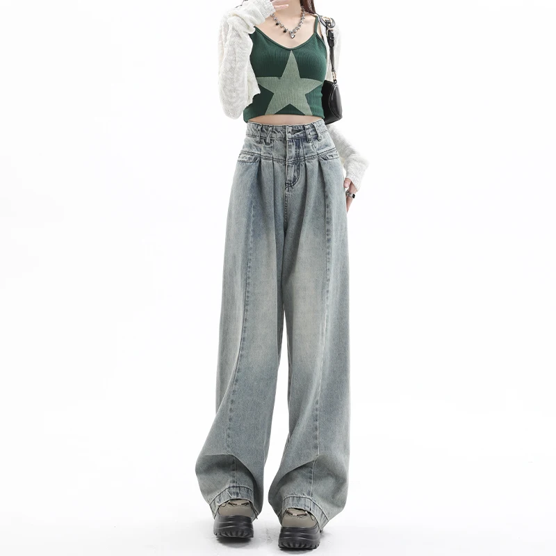 

Blue Women's Jeans Hip-hop Fashion Vintage Streetwear Y2K Wide Leg Straight Jean High Waist Trouser Classic Baggy Denim Pants