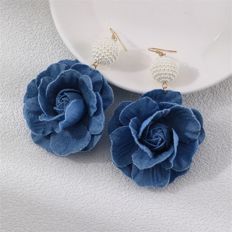 Boucles d'oreilles camélia faites à la main pour femmes, fleur bleue, goutte de fleurs, ornement de bijoux