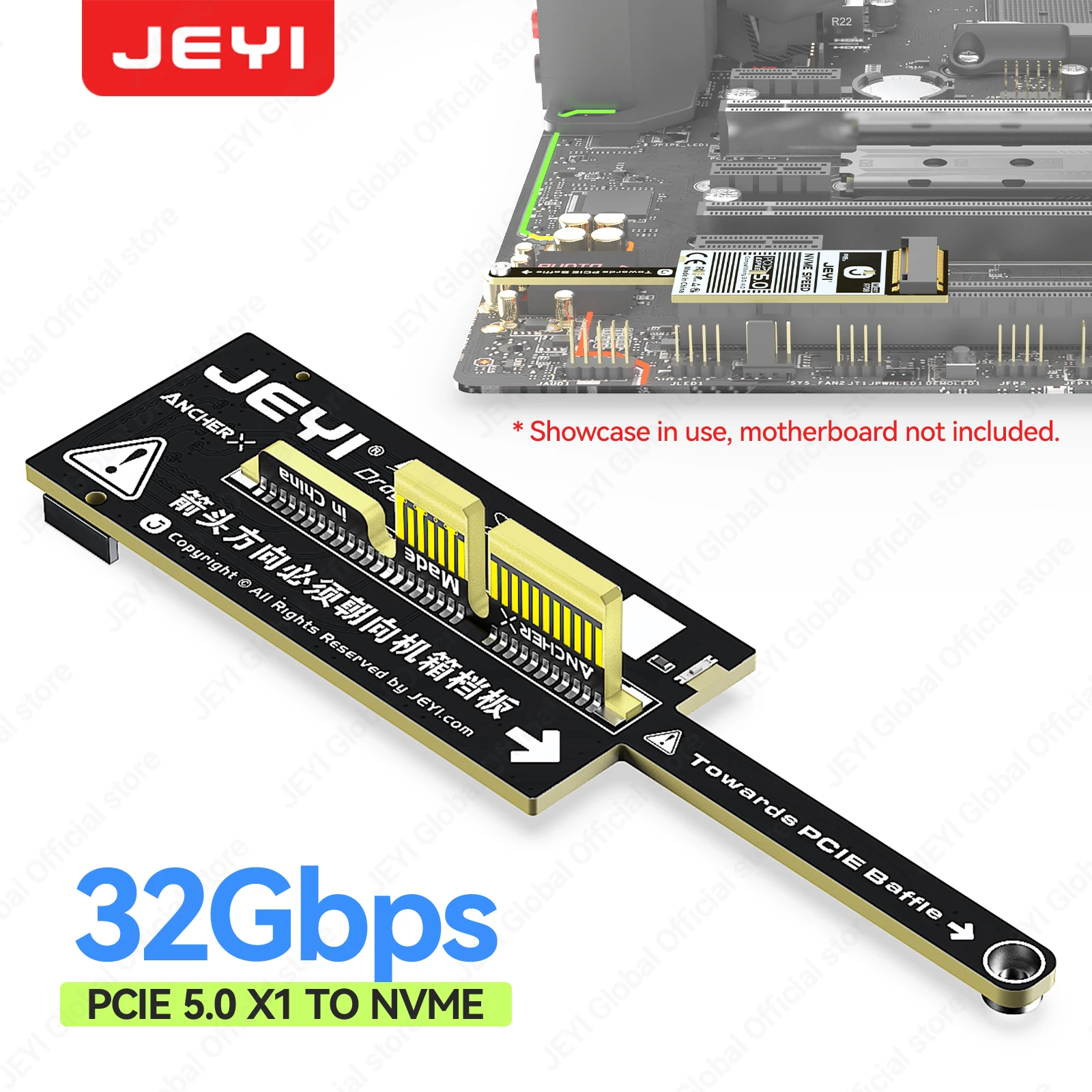 Placa Adaptadora JEYI Flat PCIe 5.0 X1 para NVMe 128Gbps Sem Obstrução de GPU Design Compacto Mini para SSD NVMe M-Key PCIe X1/X4/X8/X16