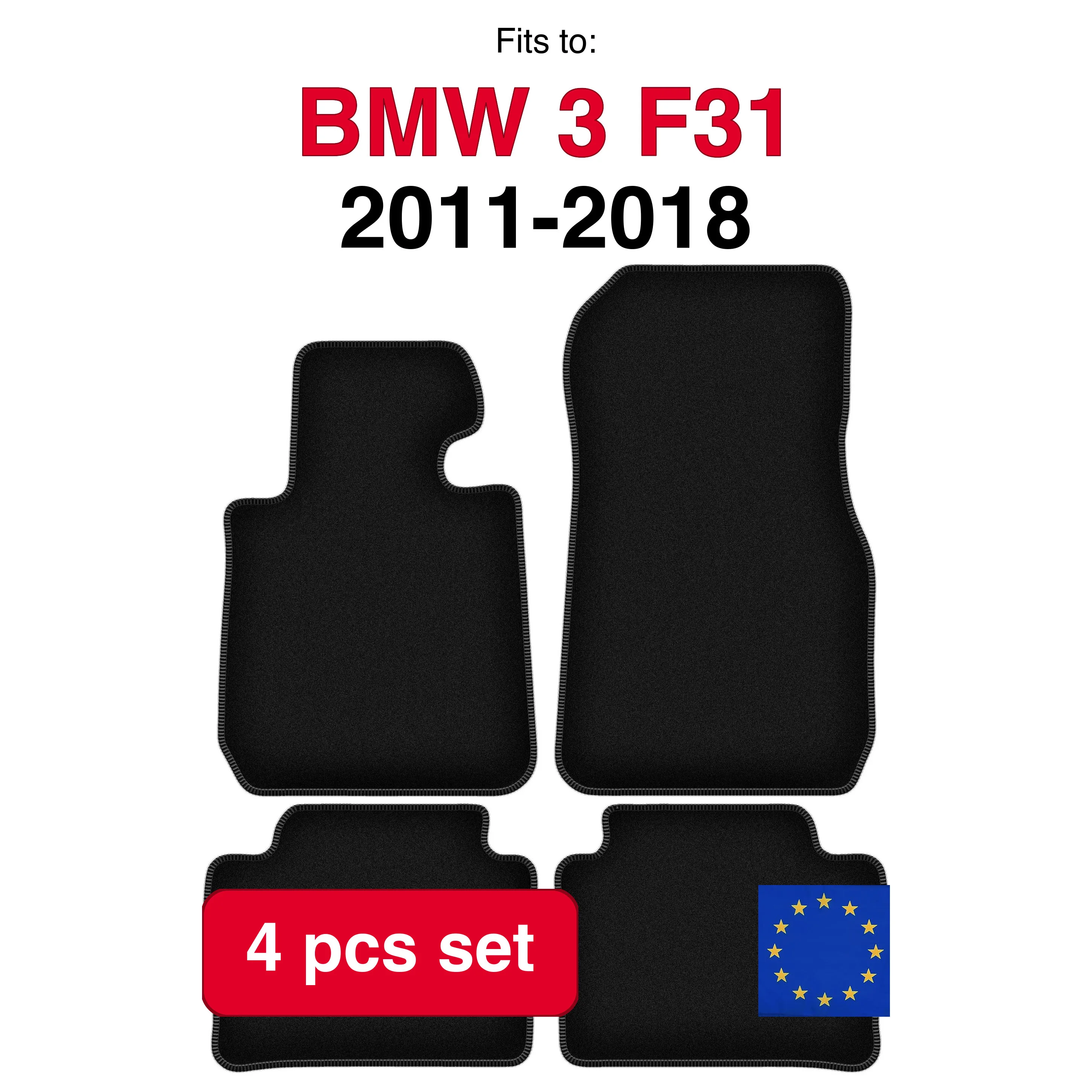 Image of Veloursteppich-Set für BMW 3 F31 Kombi, Touring (2011-2018) - Schwarz (4 Stück) passgenaues Auto-Fußmatten-Set