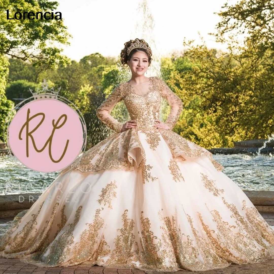 

Lorencia Mexican White Quinceanera Dress Ball Gown Gold Lace Applique Beaded Long Sleeve Sweet 16 Vestidos De 15 Años YQD849