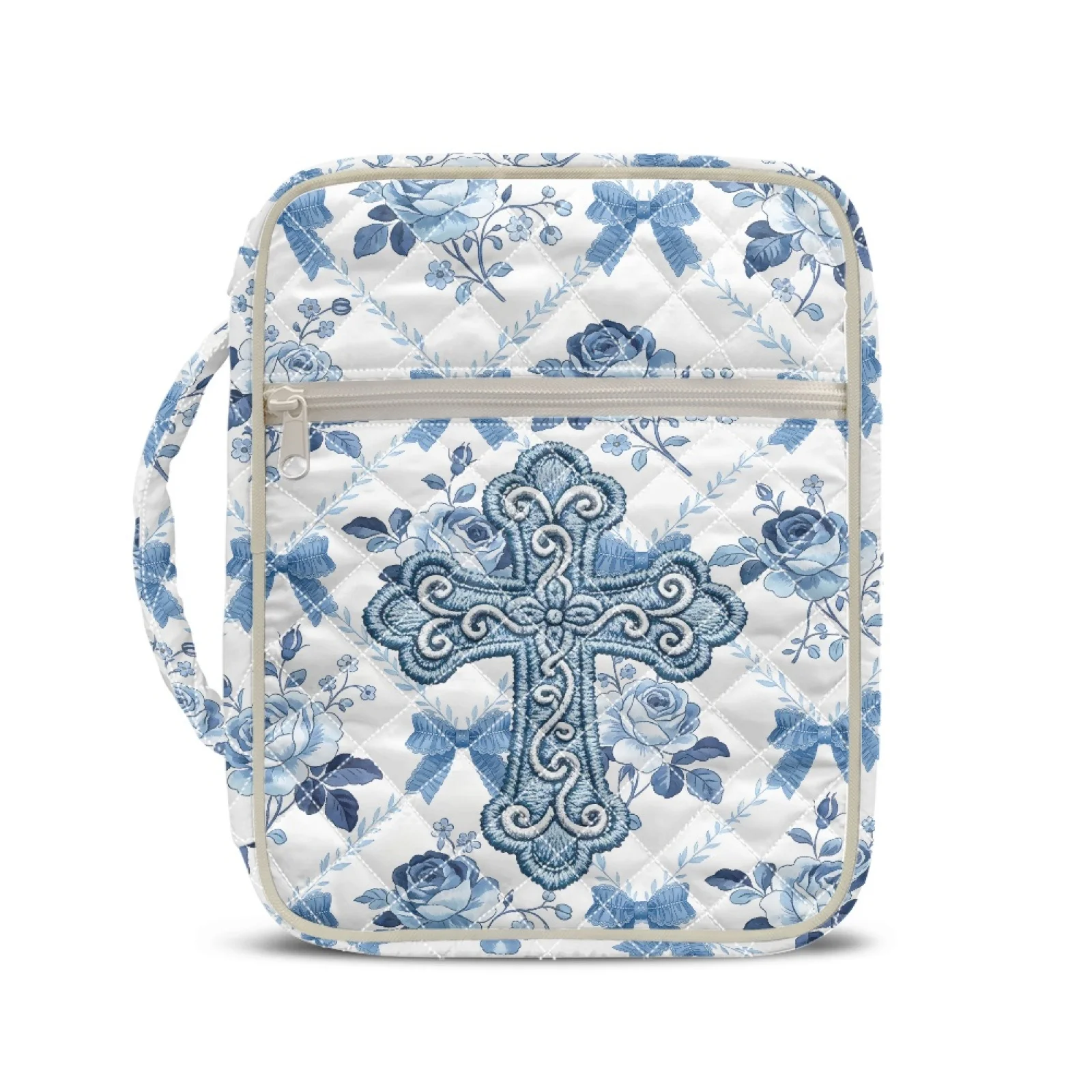 Coloranimal Bible Cover Case with Blue Floral Cross, Elastic Carrier Tote Bag for Church Study and Daily Scripture Reading