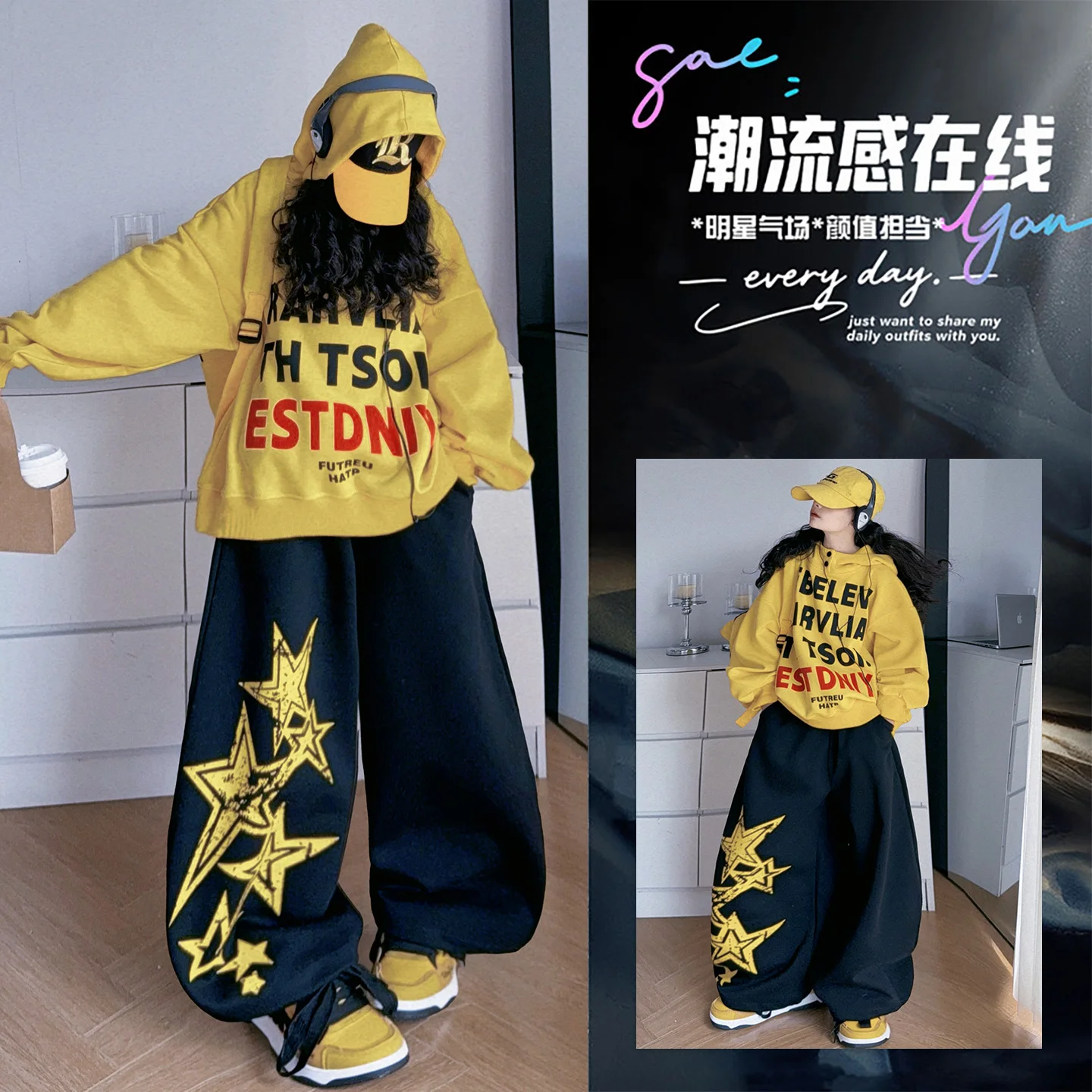 

Girl's Y2K Vintage 2-Piece Clothes Sets Spring Jazz Hiphop Suit Vintage Korean Style Hooded Sweatshirt+Pants With Letter Printed