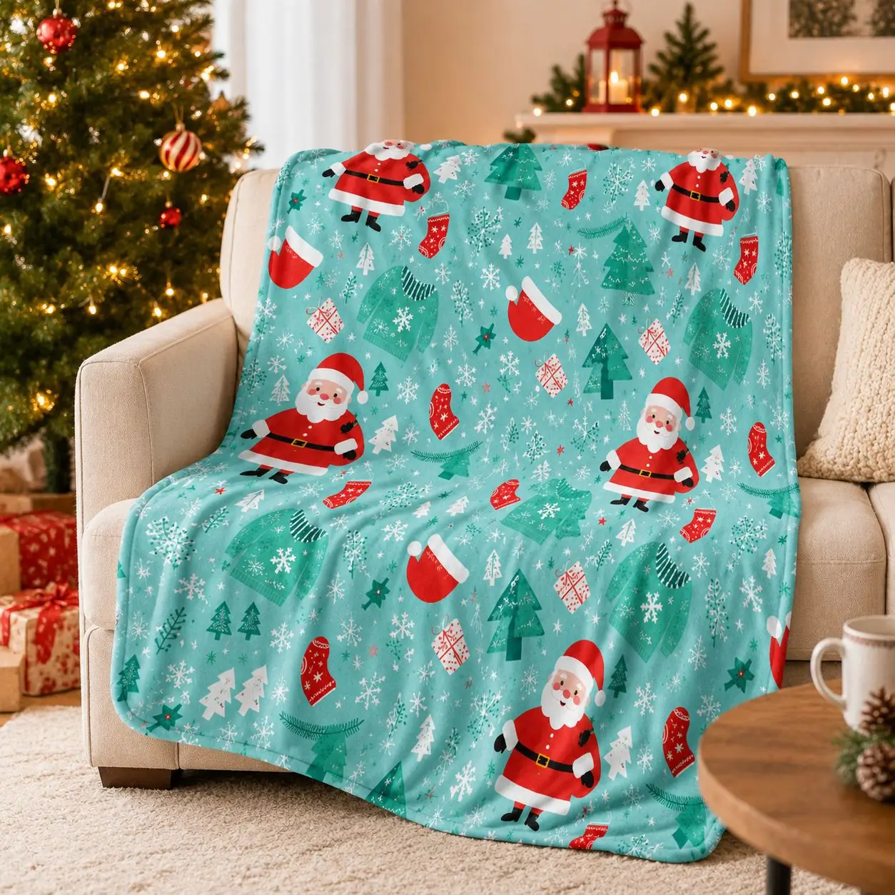 Merry Christmas Blanket Christmas Tree Gingerbread Man Red Flannel Blanket for New Year Christmas Gift for Family Nana Mon Dad