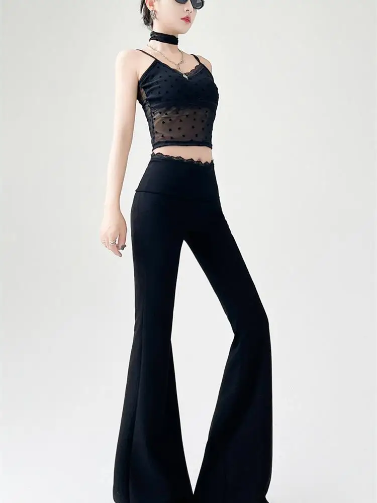 

Women Black Grey Patchwork Lace High Waist Flared Long Pants Slim 2025 Spring Summer Holiday Popular Trousers Streetwear Clothes