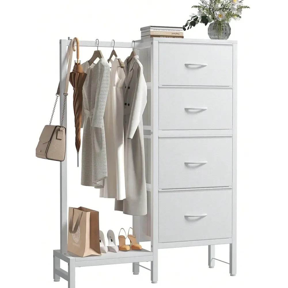 Storage Dresser With 4 Drawers And Hanging Rack, Sturdy Closet Organizer For Bedroom, White