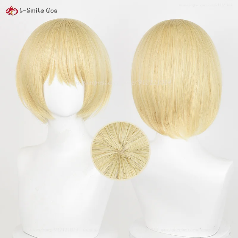 Anime Armin Arlert Cosplay Wig 30cm Light Golden BOBO Wig Armin Anime Wigs Heat Resistant Synthetic Hair Halloween Wig + Wig Cap