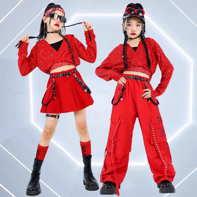 Crianças hip hop jazz calças conjuntos de roupas vermelhas crianças streetwear k-pop trajes meninas lantejoulas colheita hoodies saia de dança de rua