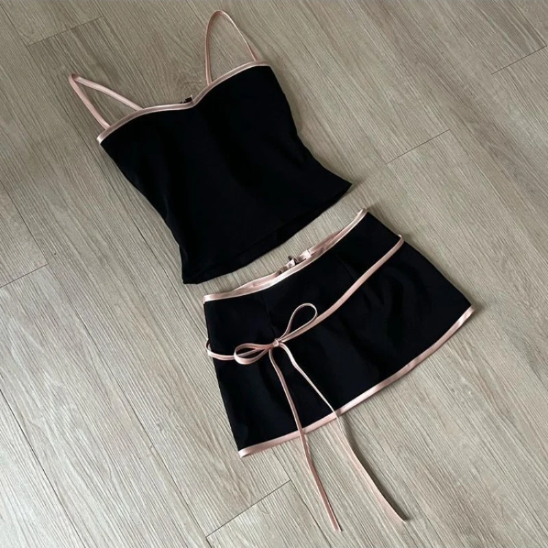 빈티지 우아한 민소매 여자 섹시한 Hotsweet 슬림 맞는 블랙 보우 스트랩 미니 스커트 두 조각 세트 저녁 파티 여름 2025 새로운