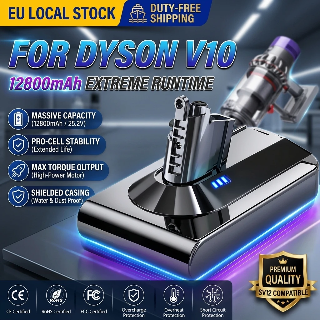 Batterie Li-ion 25,2 V 12 800 mAh facile à installer pour aspirateur Dyson V10 SV12, batterie de remplacement rechargeable compatible Absolute Animal Fluffy, pièces de rechange pour aspirateur sans fil, batterie d'alimentation.